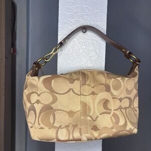 vtg Coach Signature C Jacquard Small Shoulder Bag beige Brown Leather
